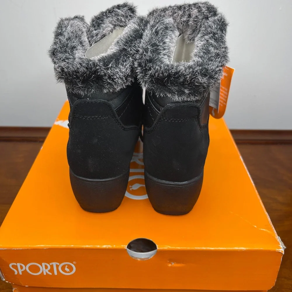 Sporto Lilian Womens Black Lace Up Ankle Boots Faux‎ Fur Trim Size 7M New In Box